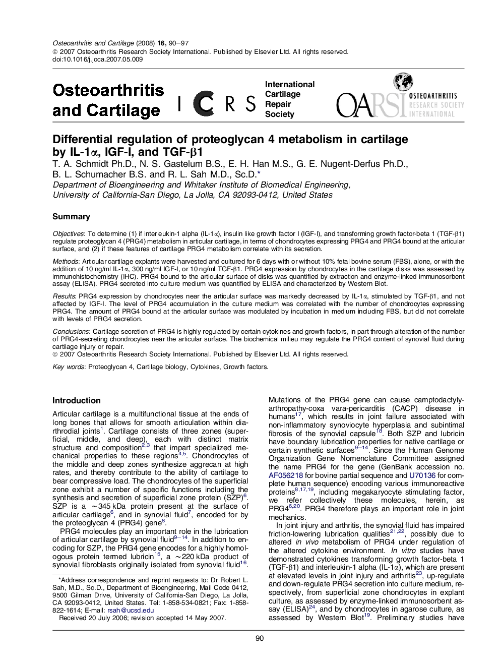 Differential regulation of proteoglycan 4 metabolism in cartilage by IL-1α, IGF-I, and TGF-β1