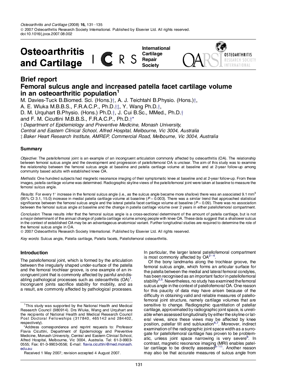 Femoral sulcus angle and increased patella facet cartilage volume in an osteoarthritic population 1