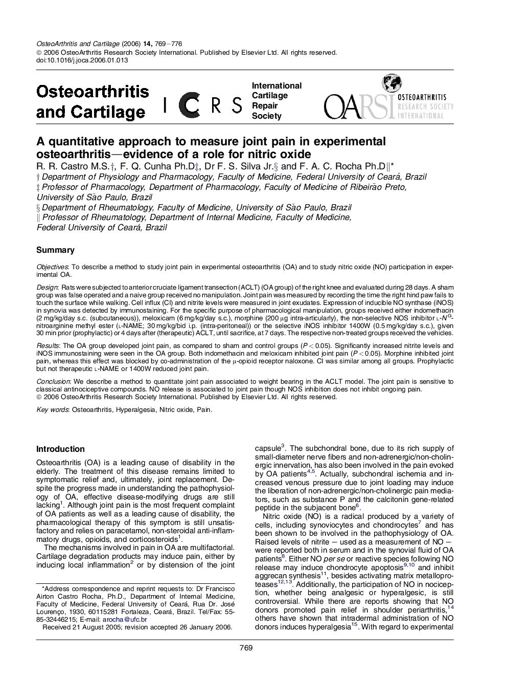 A quantitative approach to measure joint pain in experimental osteoarthritis—evidence of a role for nitric oxide