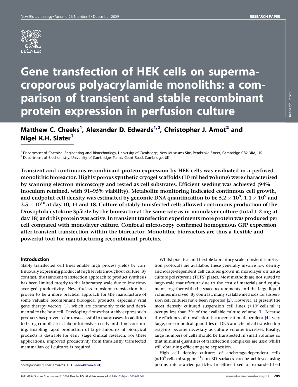 Gene transfection of HEK cells on supermacroporous polyacrylamide monoliths: a comparison of transient and stable recombinant protein expression in perfusion culture