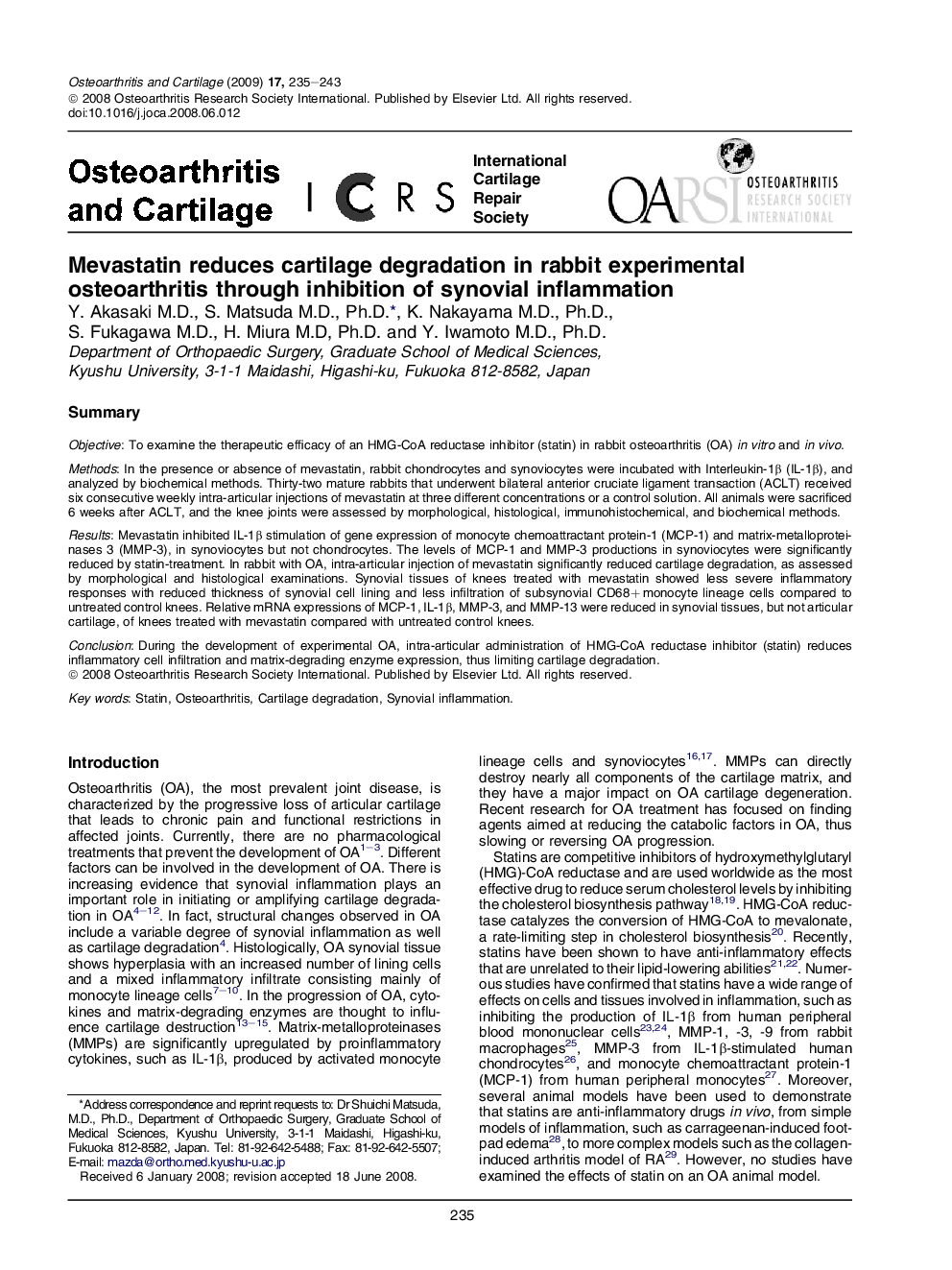 Mevastatin reduces cartilage degradation in rabbit experimental osteoarthritis through inhibition of synovial inflammation