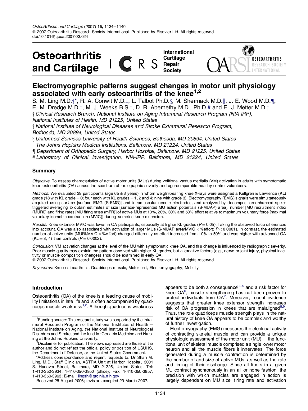 Electromyographic patterns suggest changes in motor unit physiology associated with early osteoarthritis of the knee 12