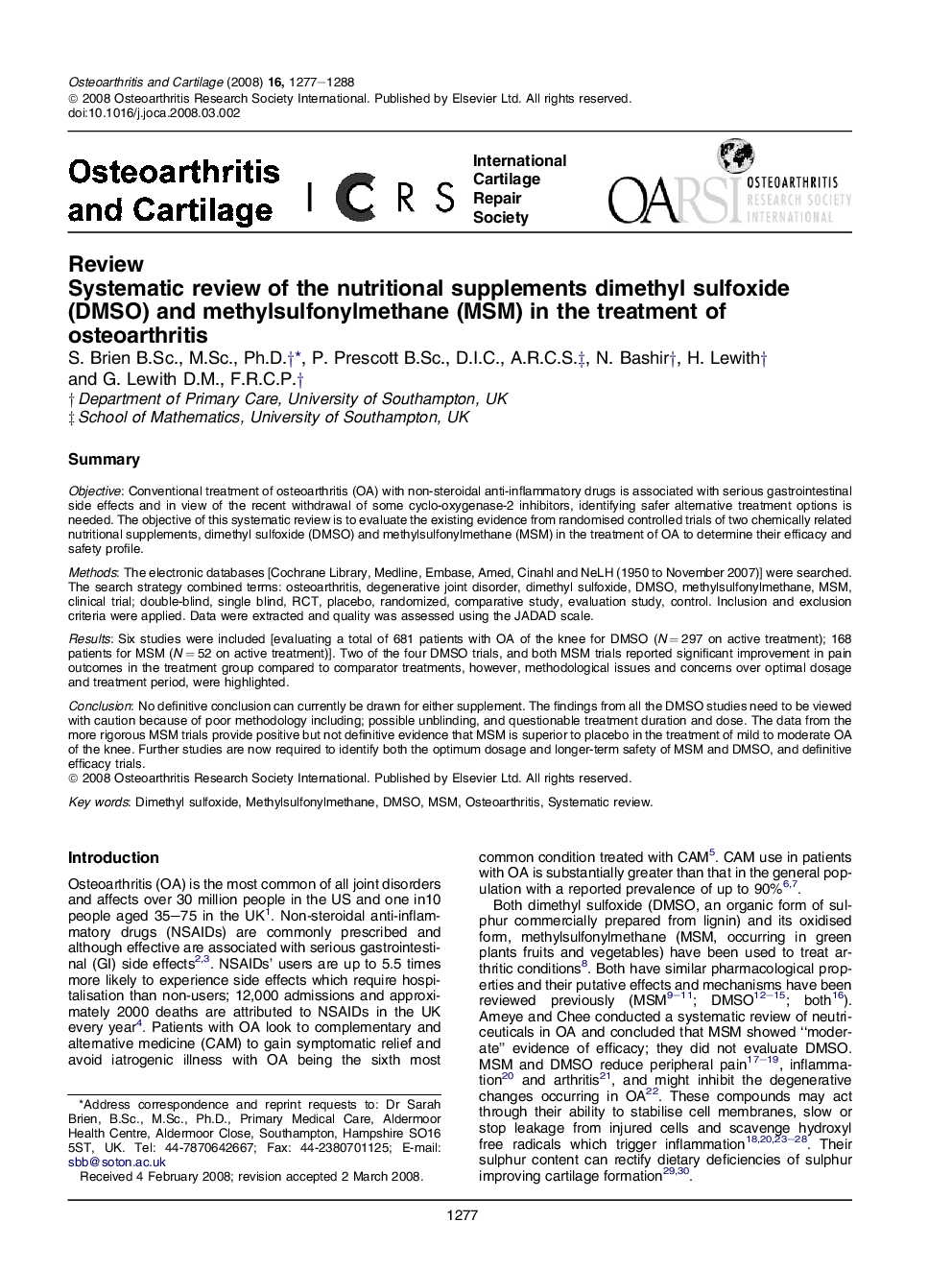 Systematic review of the nutritional supplements dimethyl sulfoxide (DMSO) and methylsulfonylmethane (MSM) in the treatment of osteoarthritis