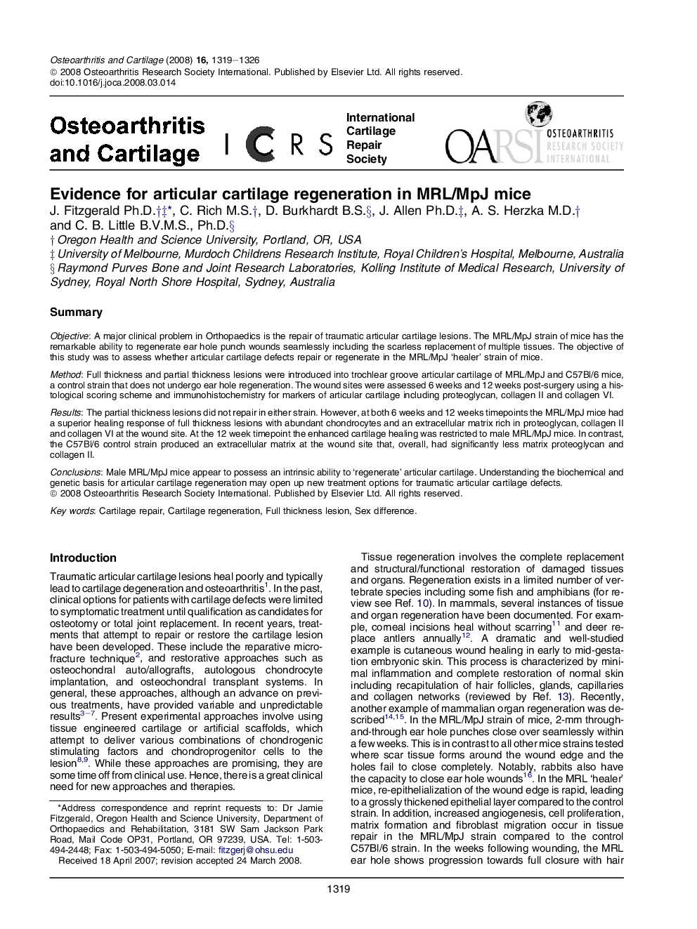 Evidence for articular cartilage regeneration in MRL/MpJ mice