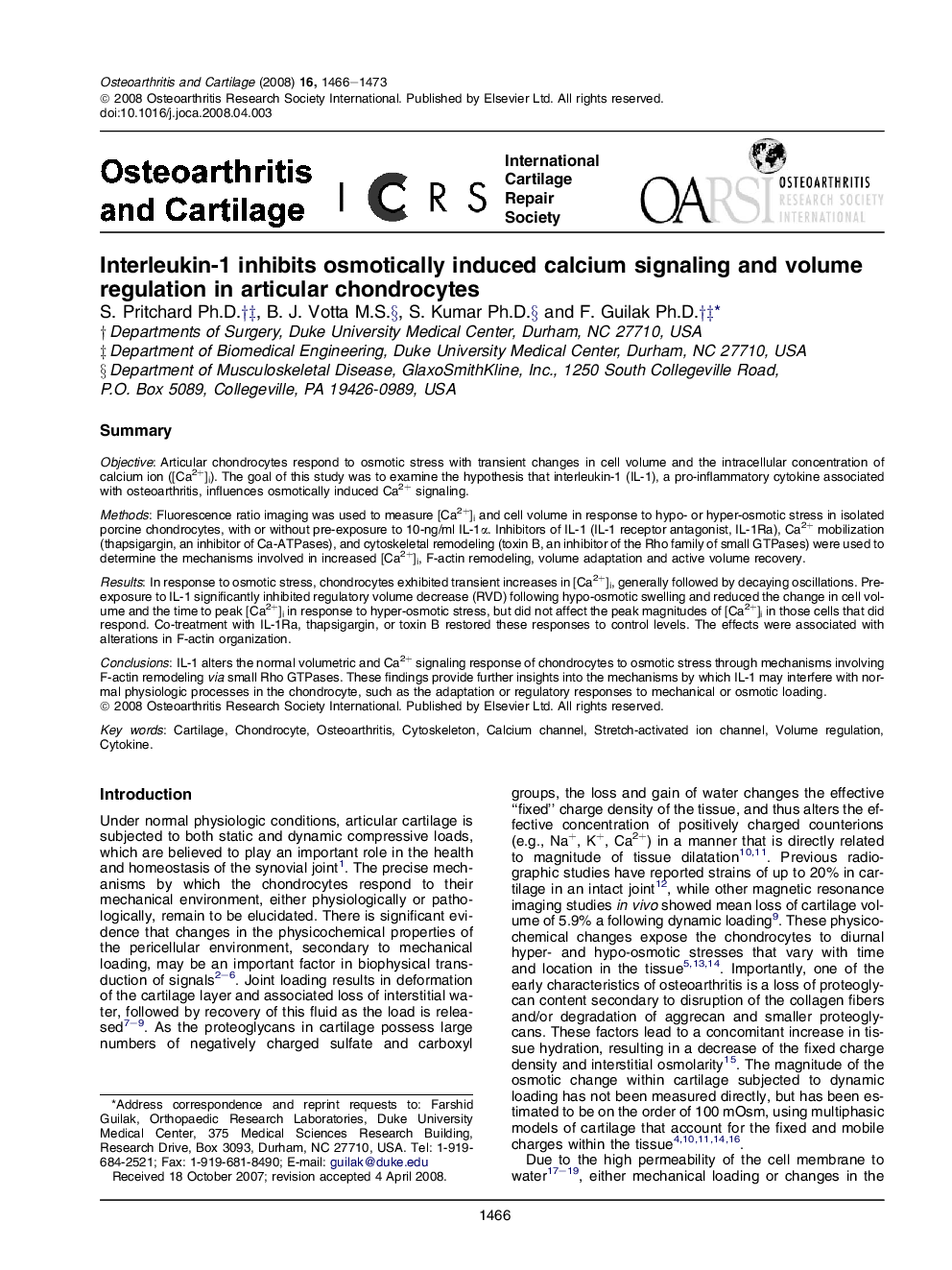 Interleukin-1 inhibits osmotically induced calcium signaling and volume regulation in articular chondrocytes