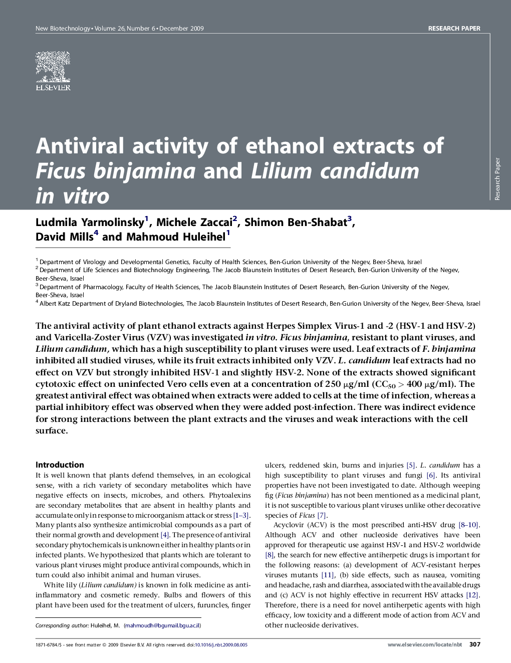 Antiviral activity of ethanol extracts of Ficus binjamina and Lilium candidum in vitro
