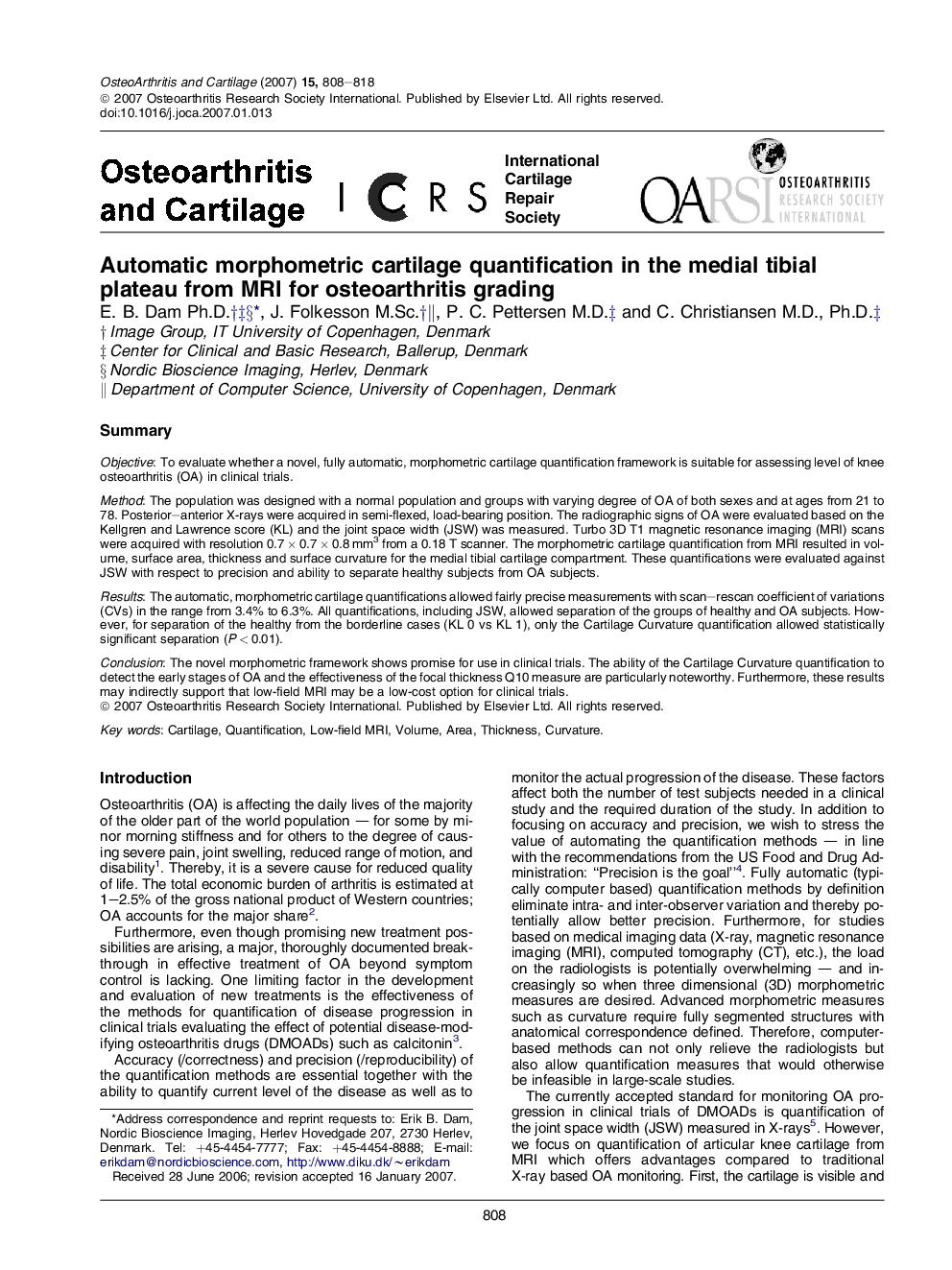 Automatic morphometric cartilage quantification in the medial tibial plateau from MRI for osteoarthritis grading