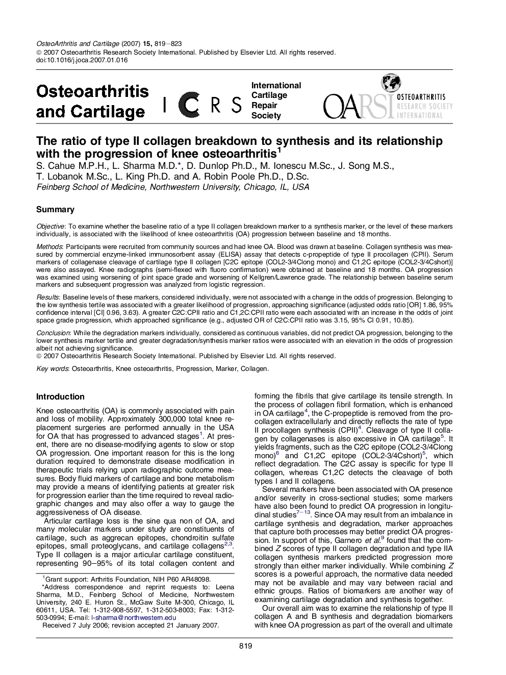 The ratio of type II collagen breakdown to synthesis and its relationship with the progression of knee osteoarthritis 1