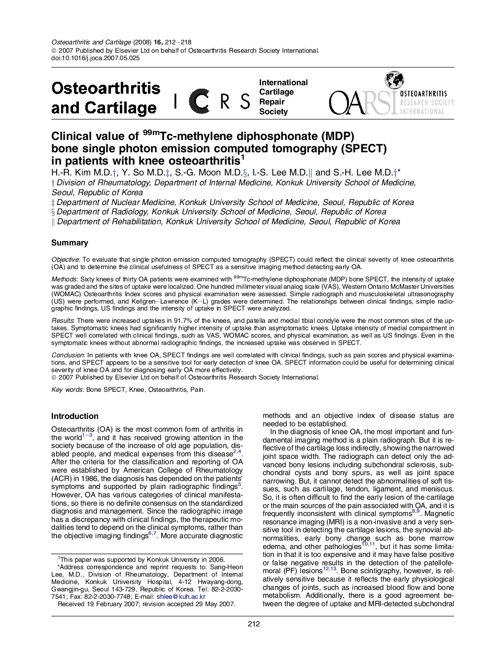 Clinical value of 99mTc-methylene diphosphonate (MDP) bone single photon emission computed tomography (SPECT) in patients with knee osteoarthritis 1