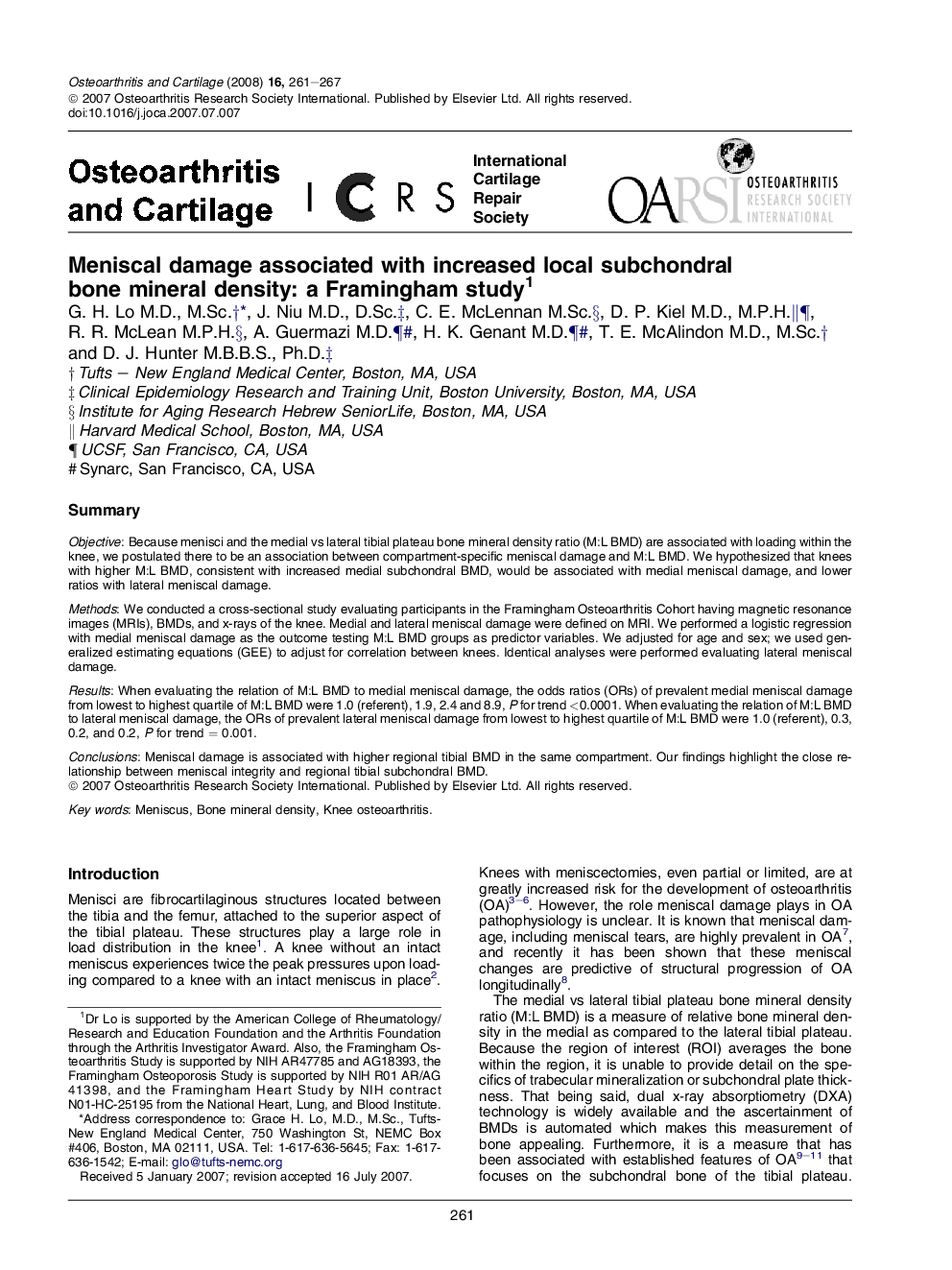 Meniscal damage associated with increased local subchondral bone mineral density: a Framingham study 1