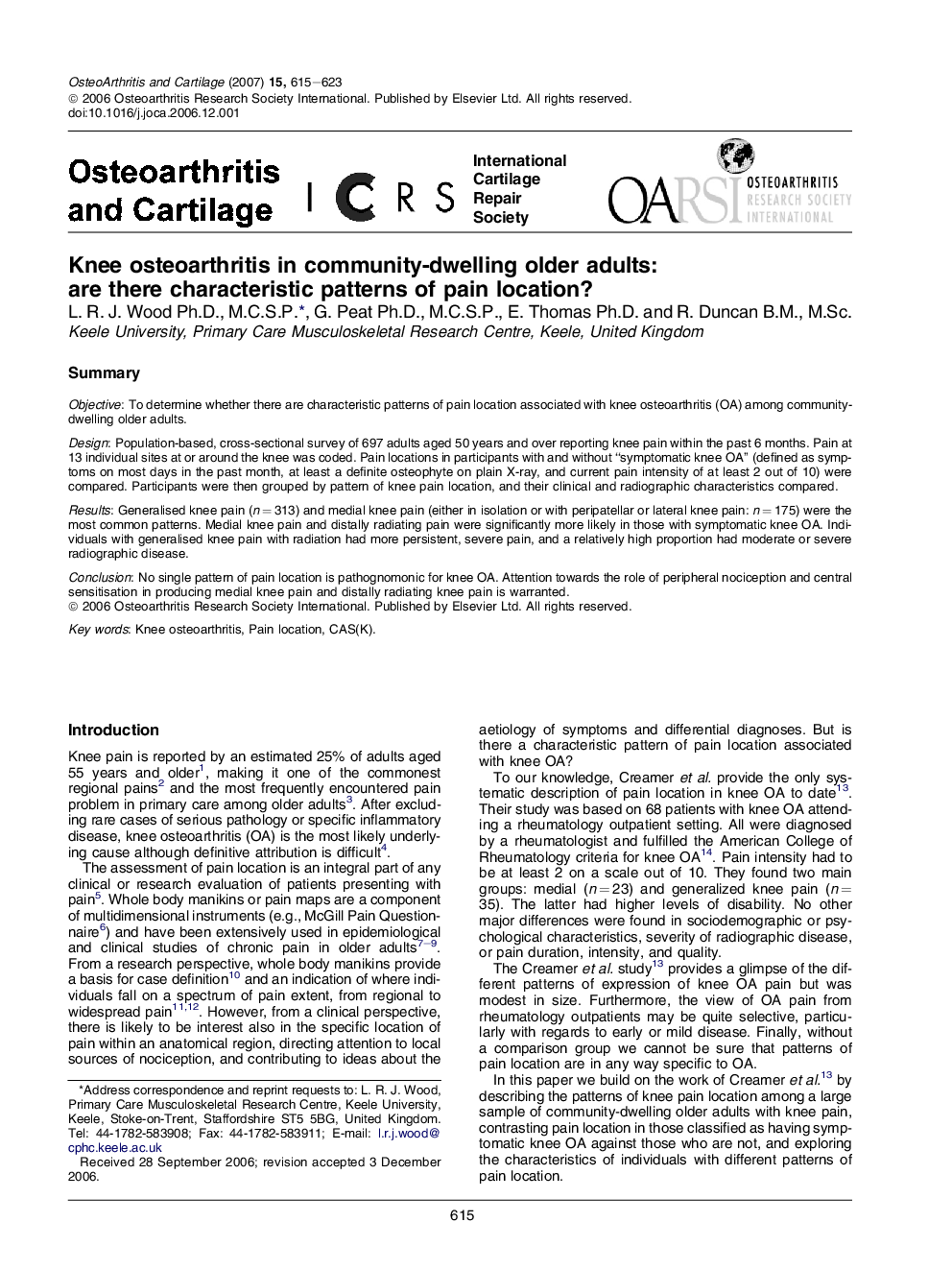 Knee osteoarthritis in community-dwelling older adults: are there characteristic patterns of pain location?