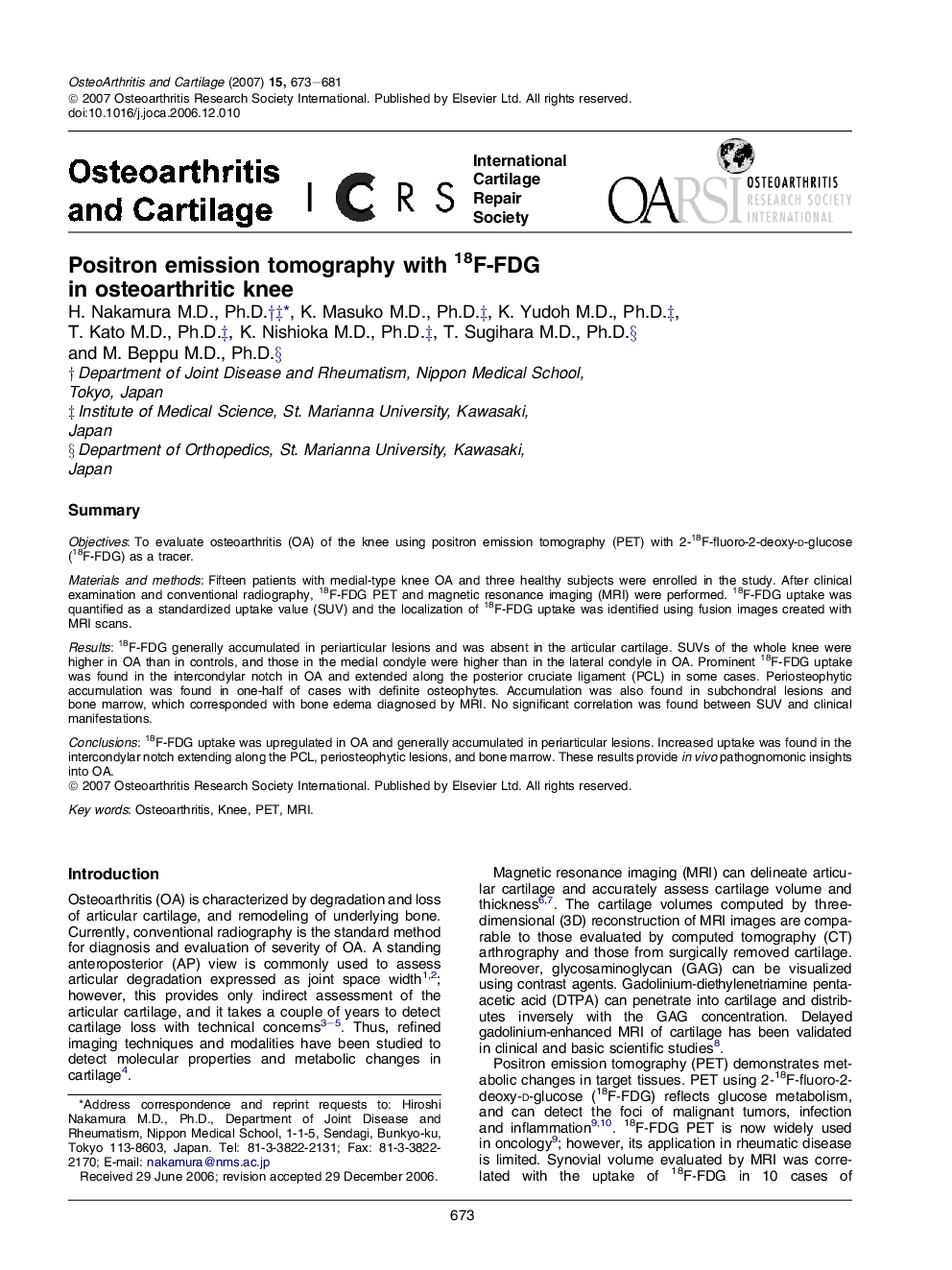 Positron emission tomography with 18F-FDG in osteoarthritic knee