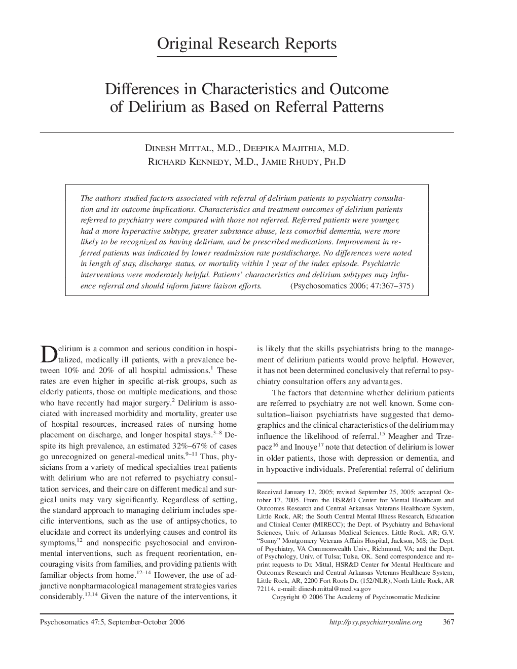 Differences in Characteristics and Outcome of Delirium as Based on Referral Patterns