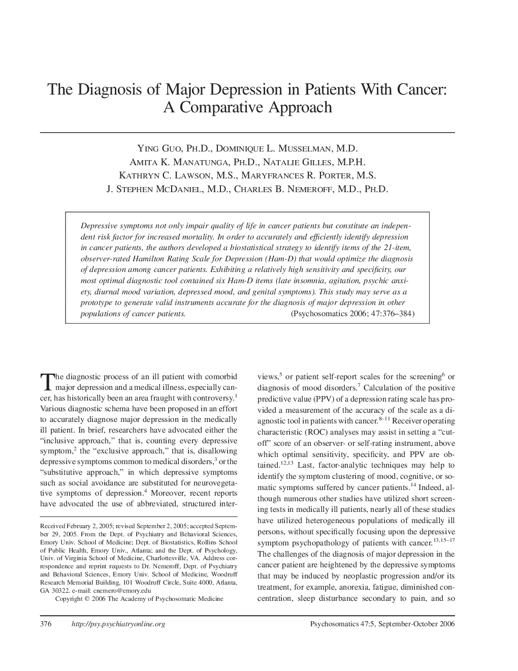 The Diagnosis of Major Depression in Patients With Cancer: A Comparative Approach
