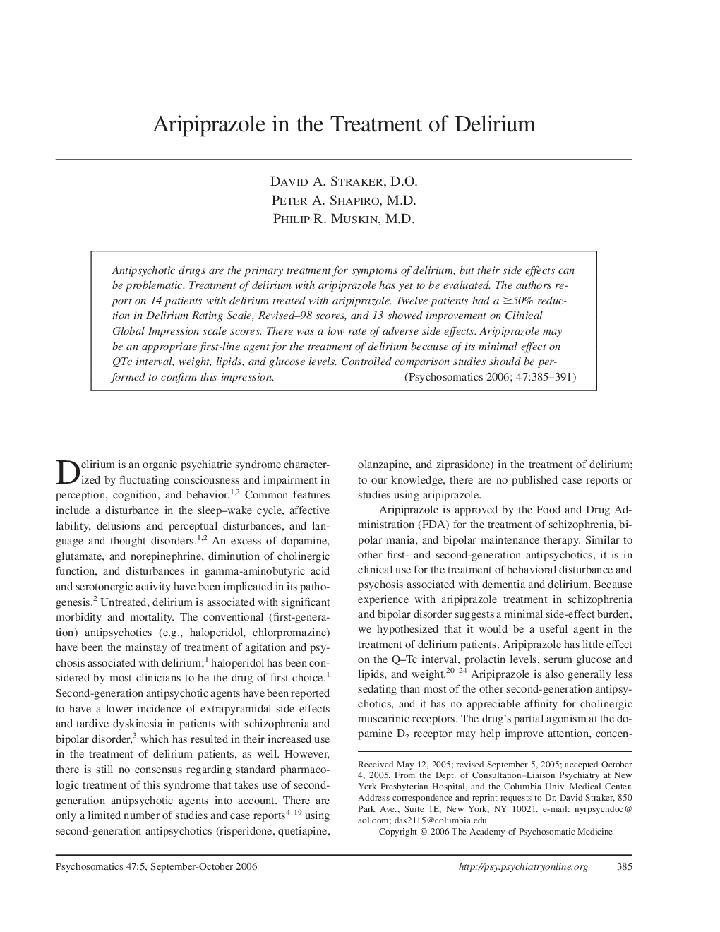 Aripiprazole in the Treatment of Delirium