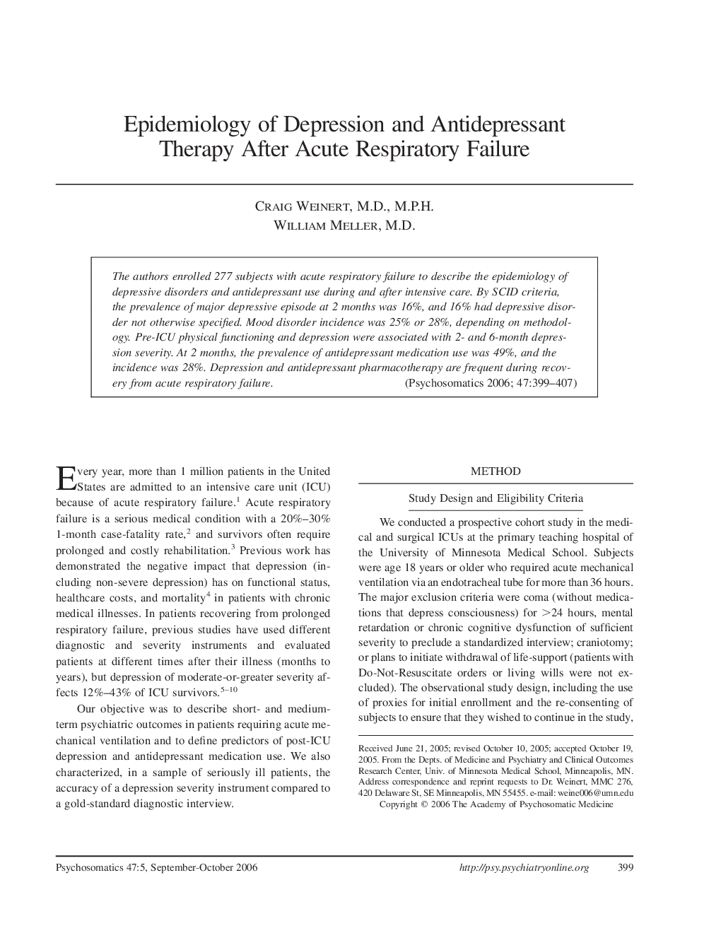 Epidemiology of Depression and Antidepressant Therapy After Acute Respiratory Failure