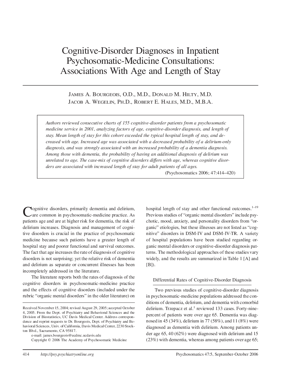 Cognitive-Disorder Diagnoses in Inpatient Psychosomatic-Medicine Consultations: Associations With Age and Length of Stay