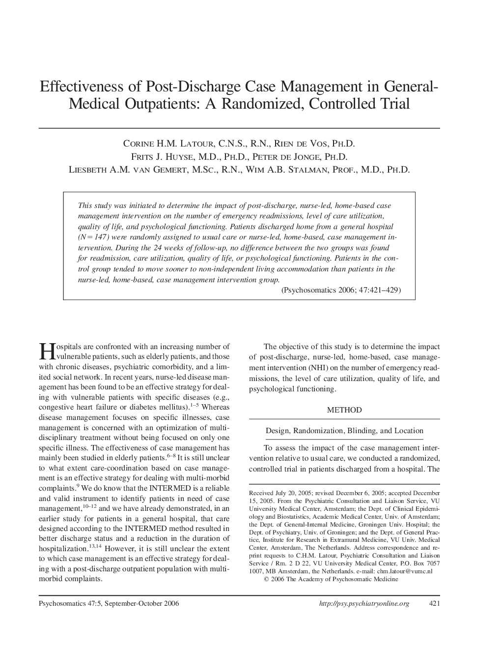 Effectiveness of Post-Discharge Case Management in General-Medical Outpatients: A Randomized, Controlled Trial