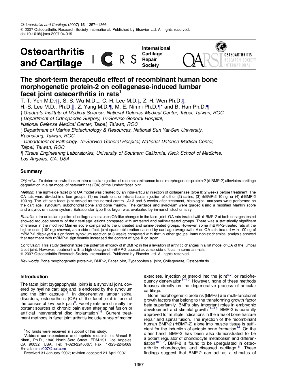 The short-term therapeutic effect of recombinant human bone morphogenetic protein-2 on collagenase-induced lumbar facet joint osteoarthritis in rats 1