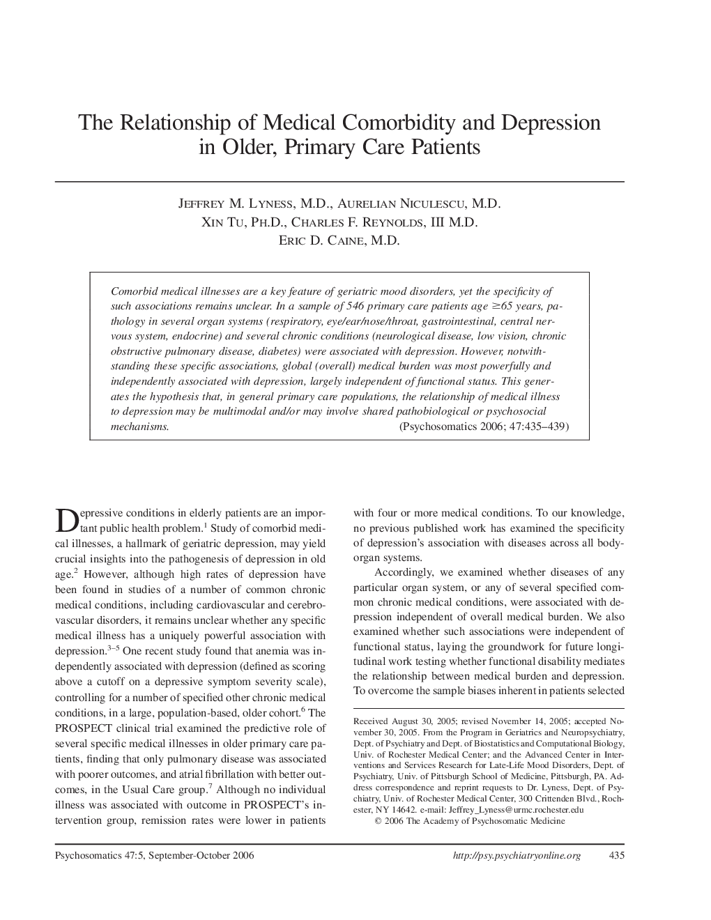 The Relationship of Medical Comorbidity and Depression in Older, Primary Care Patients
