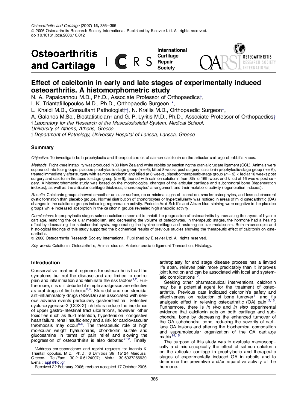 Effect of calcitonin in early and late stages of experimentally induced osteoarthritis. A histomorphometric study