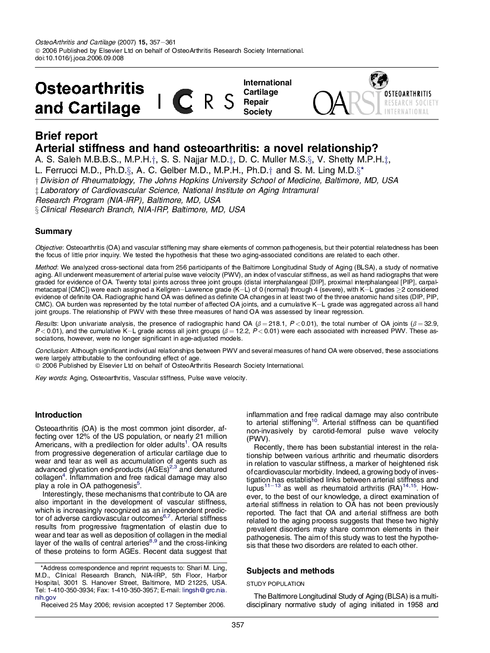 Arterial stiffness and hand osteoarthritis: a novel relationship?