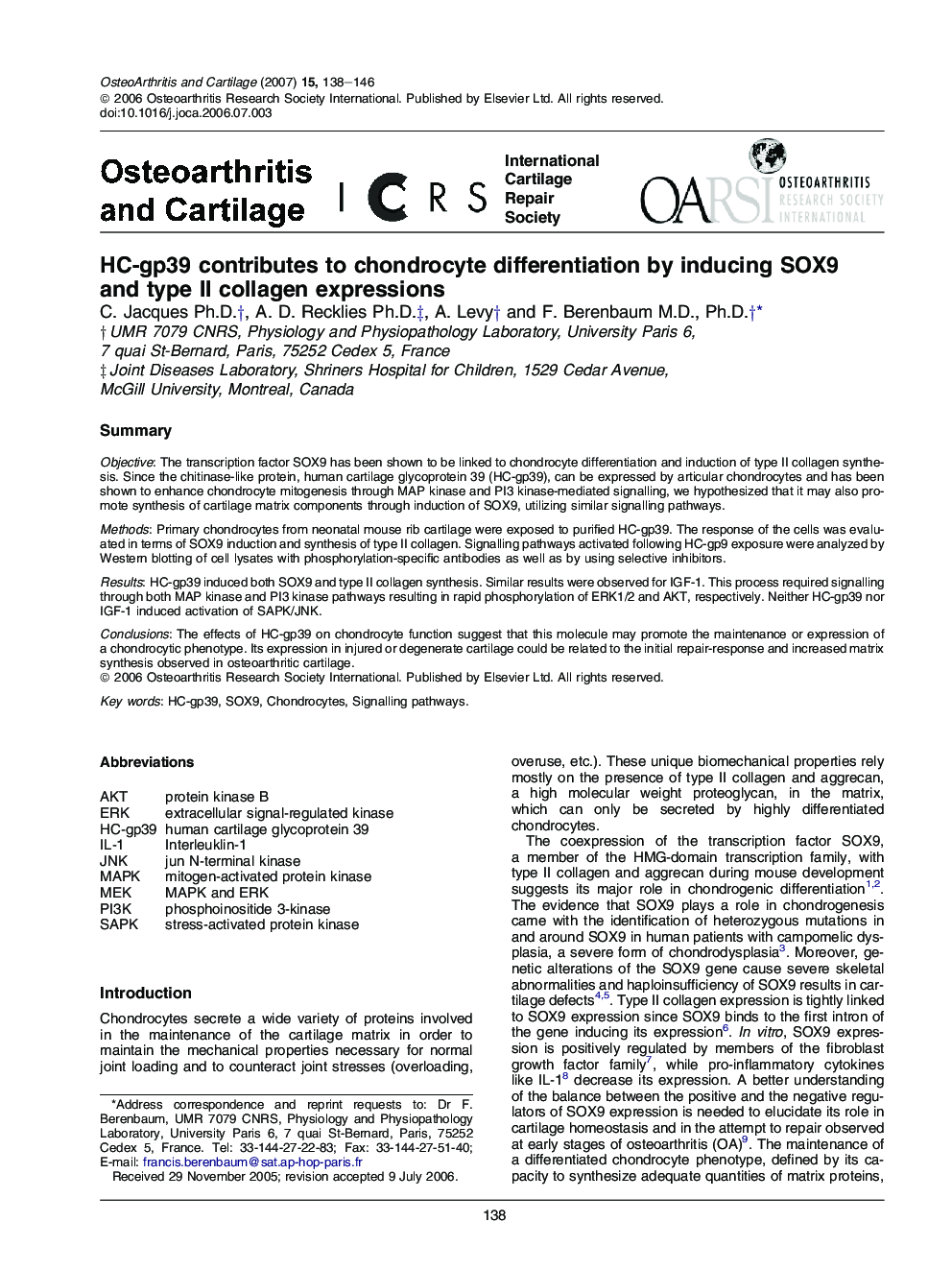 HC-gp39 contributes to chondrocyte differentiation by inducing SOX9 and type II collagen expressions