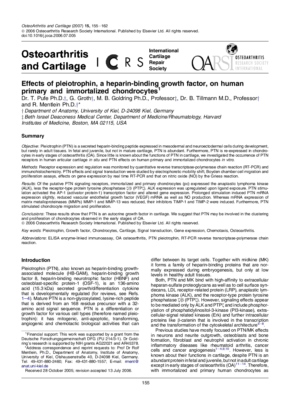 Effects of pleiotrophin, a heparin-binding growth factor, on human primary and immortalized chondrocytes 1