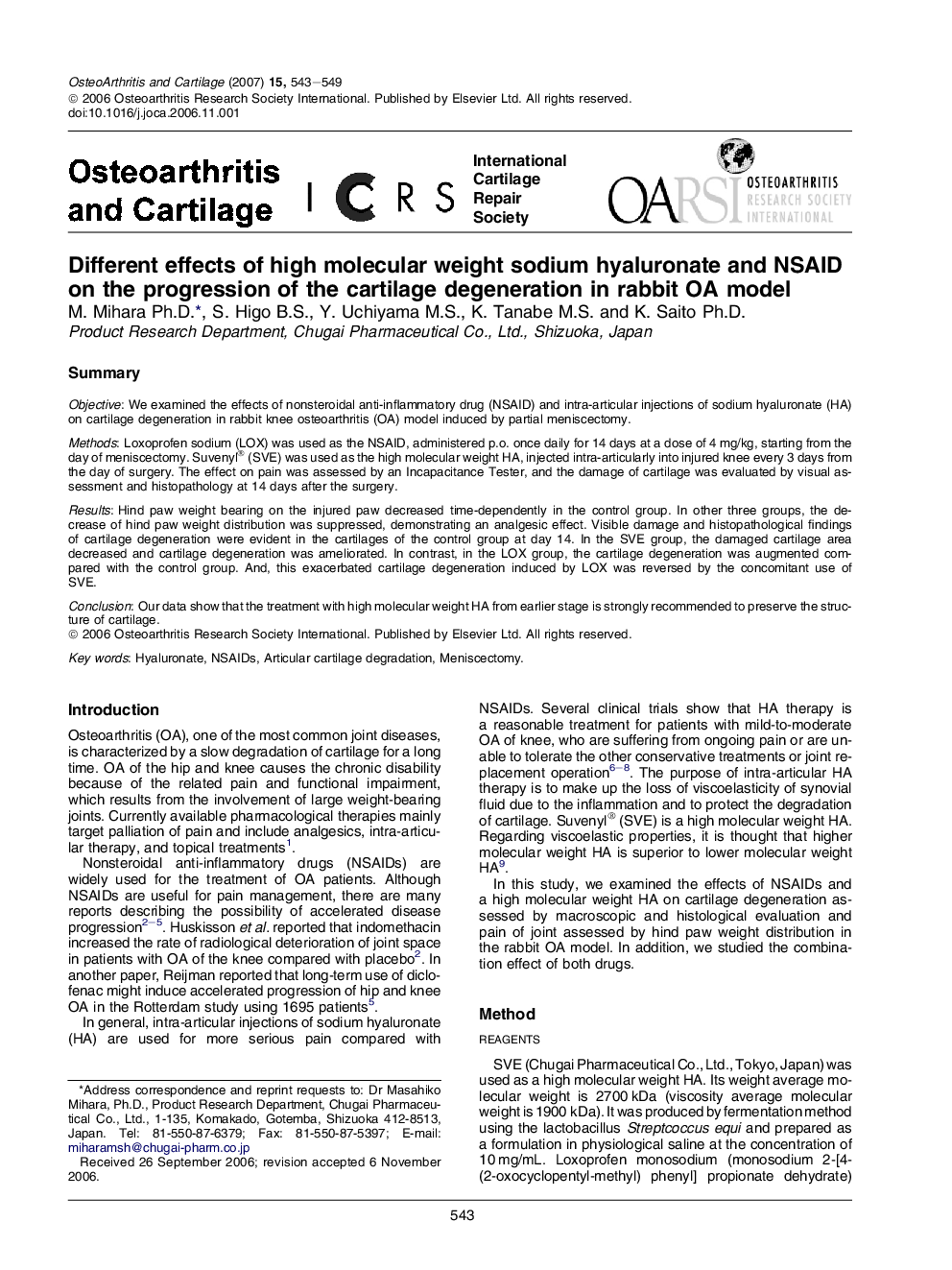 Different effects of high molecular weight sodium hyaluronate and NSAID on the progression of the cartilage degeneration in rabbit OA model