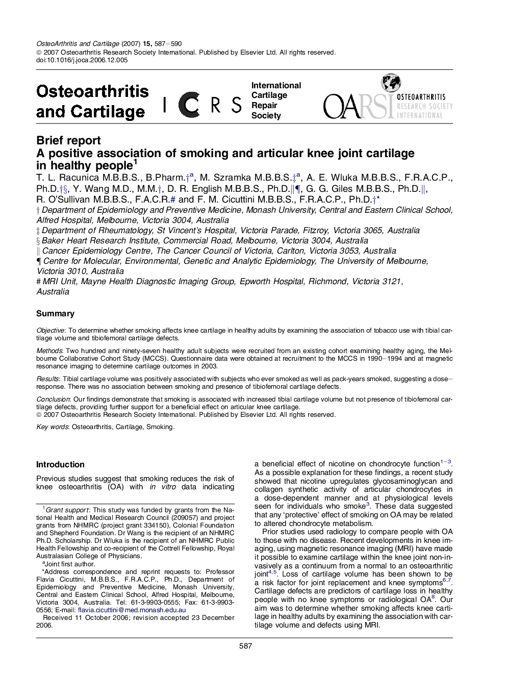 A positive association of smoking and articular knee joint cartilage in healthy people 1