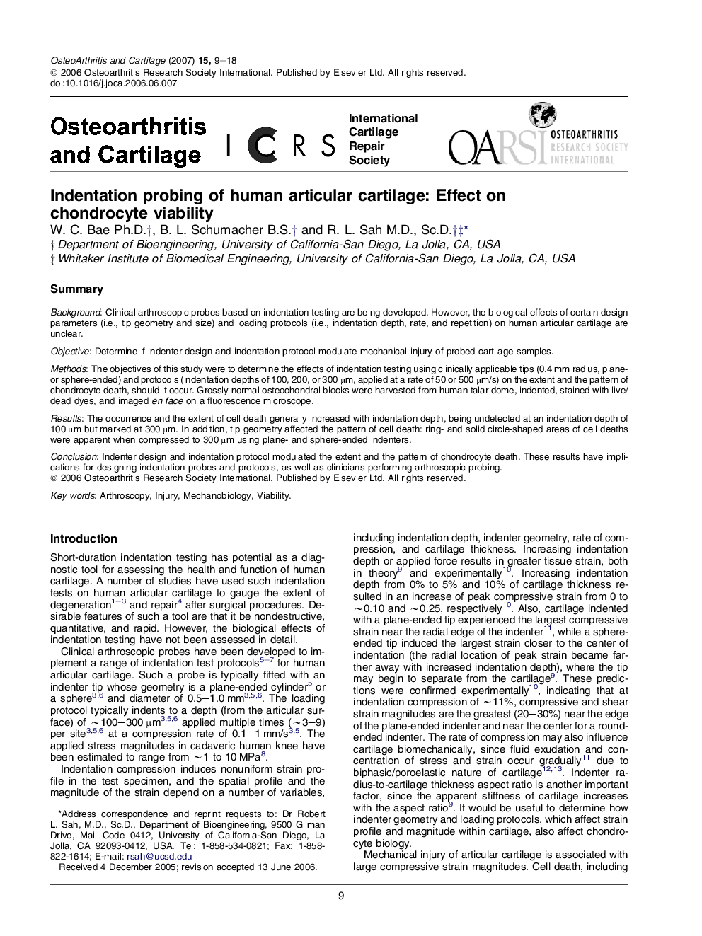 Indentation probing of human articular cartilage: Effect on chondrocyte viability