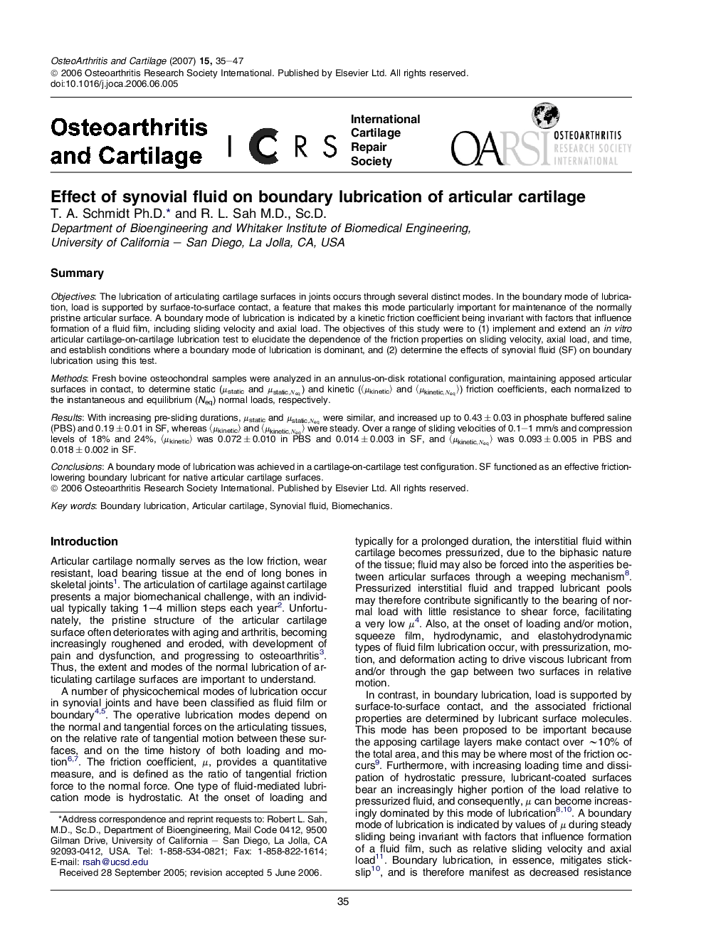 Effect of synovial fluid on boundary lubrication of articular cartilage