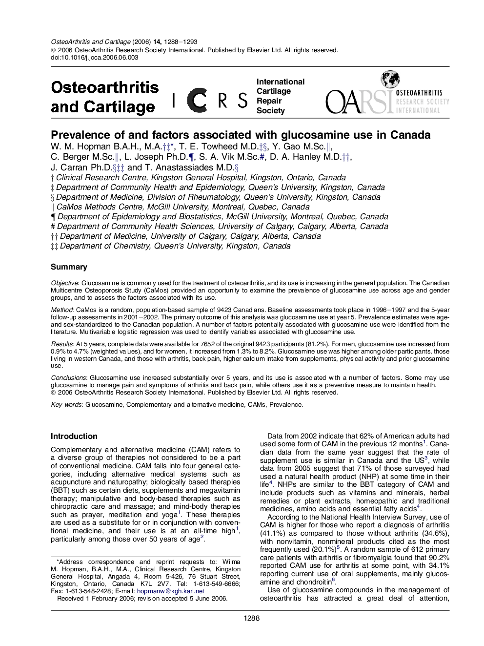 Prevalence of and factors associated with glucosamine use in Canada