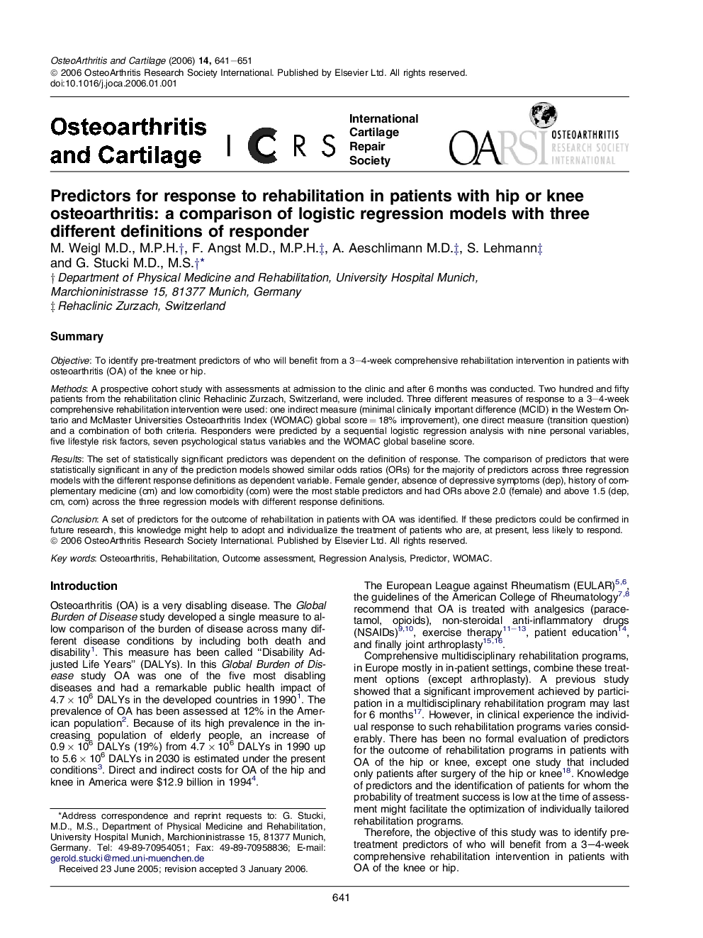 Predictors for response to rehabilitation in patients with hip or knee osteoarthritis: a comparison of logistic regression models with three different definitions of responder