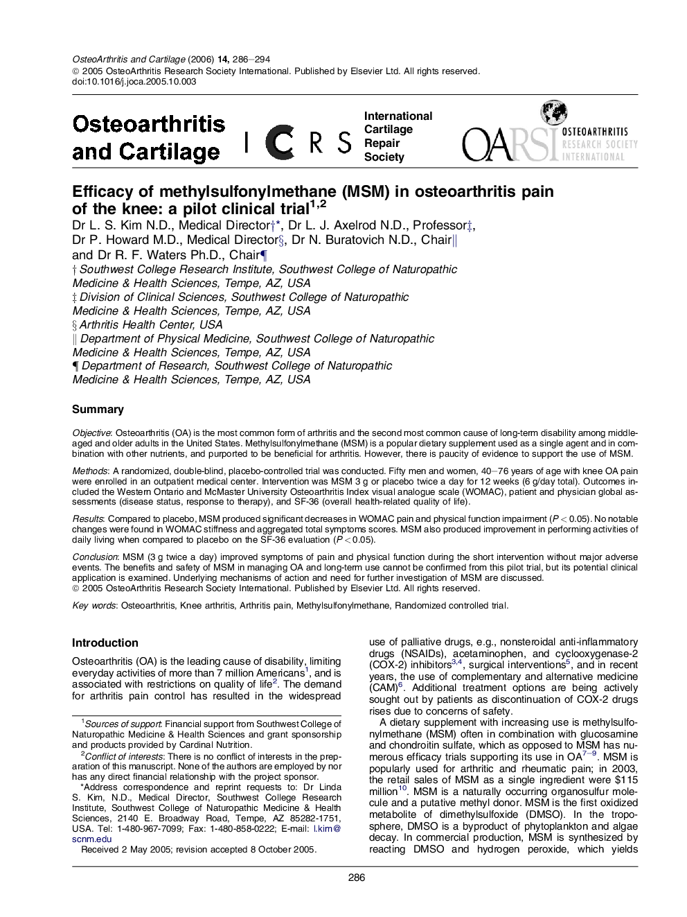 Efficacy of methylsulfonylmethane (MSM) in osteoarthritis pain of the knee: a pilot clinical trial 12