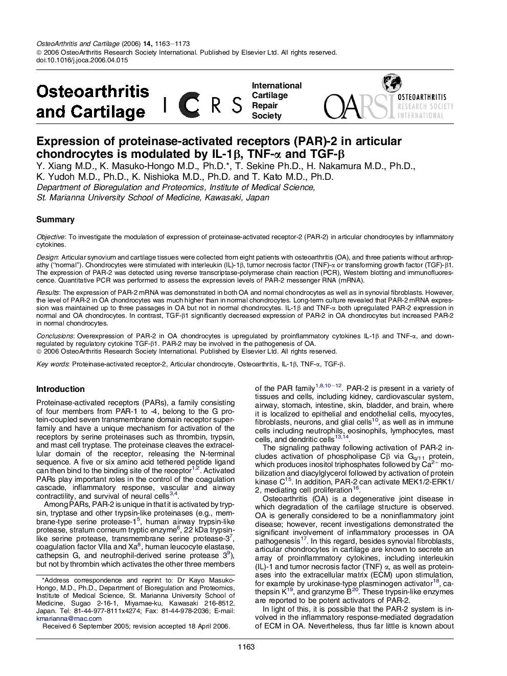 Expression of proteinase-activated receptors (PAR)-2 in articular chondrocytes is modulated by IL-1β, TNF-α and TGF-β