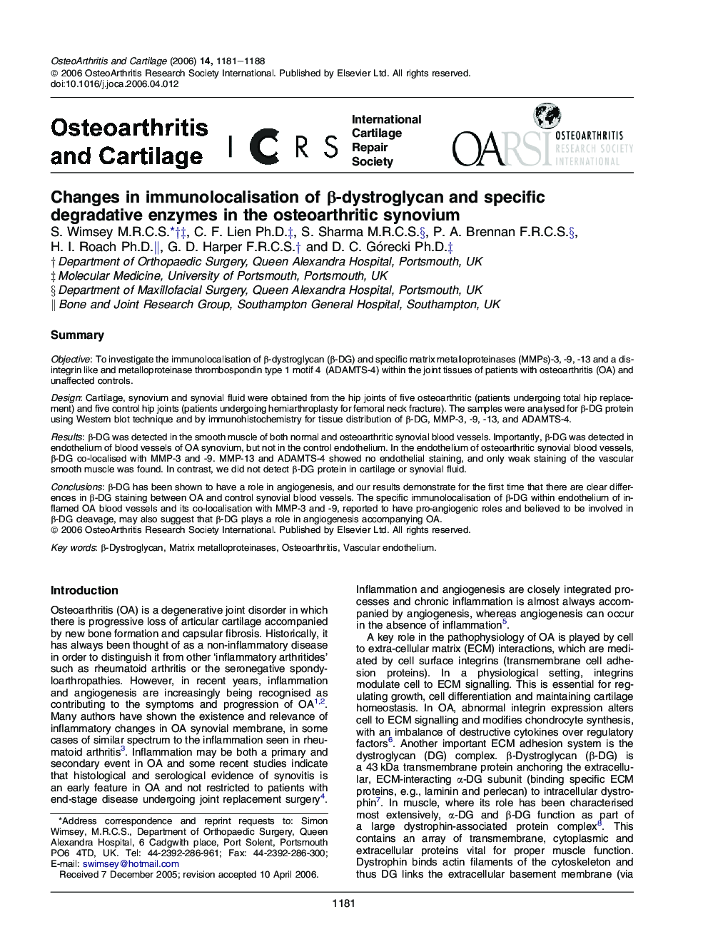 Changes in immunolocalisation of β-dystroglycan and specific degradative enzymes in the osteoarthritic synovium