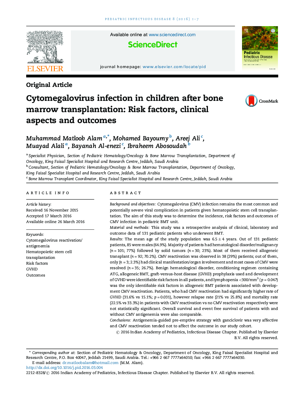 Cytomegalovirus infection in children after bone marrow transplantation: Risk factors, clinical aspects and outcomes