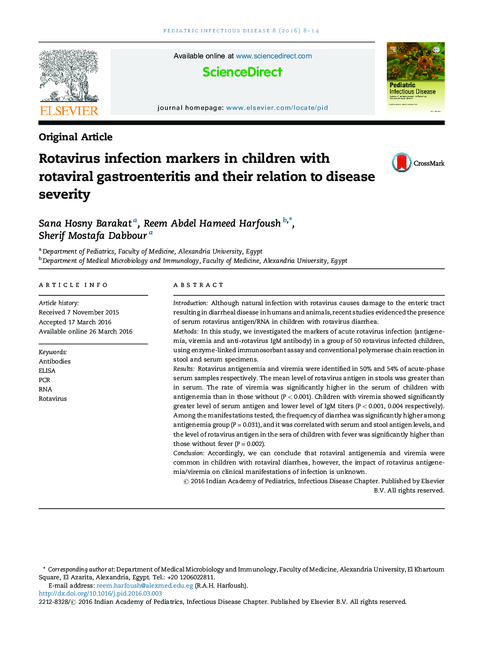 Rotavirus infection markers in children with rotaviral gastroenteritis and their relation to disease severity