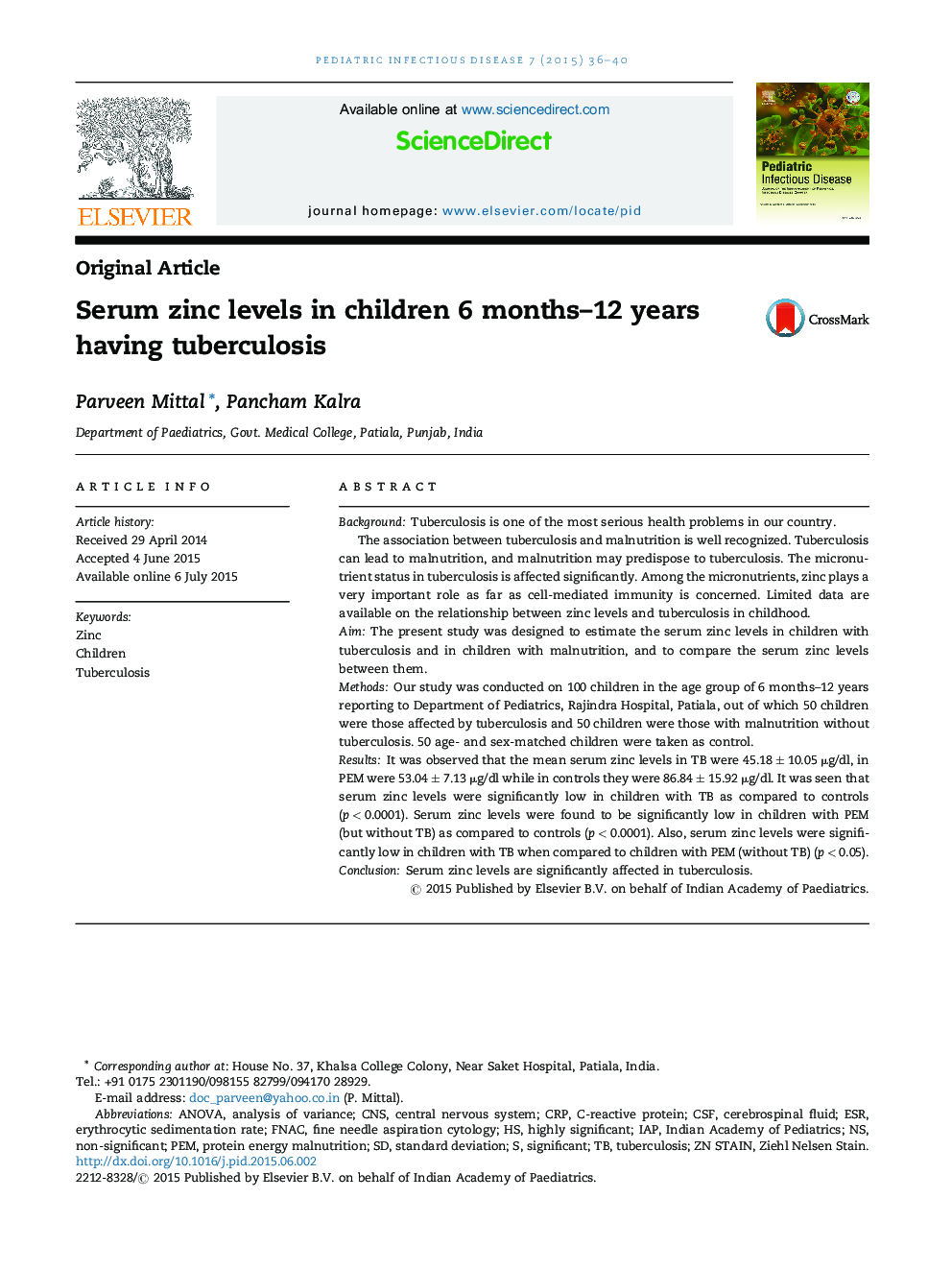 Serum zinc levels in children 6 months–12 years having tuberculosis