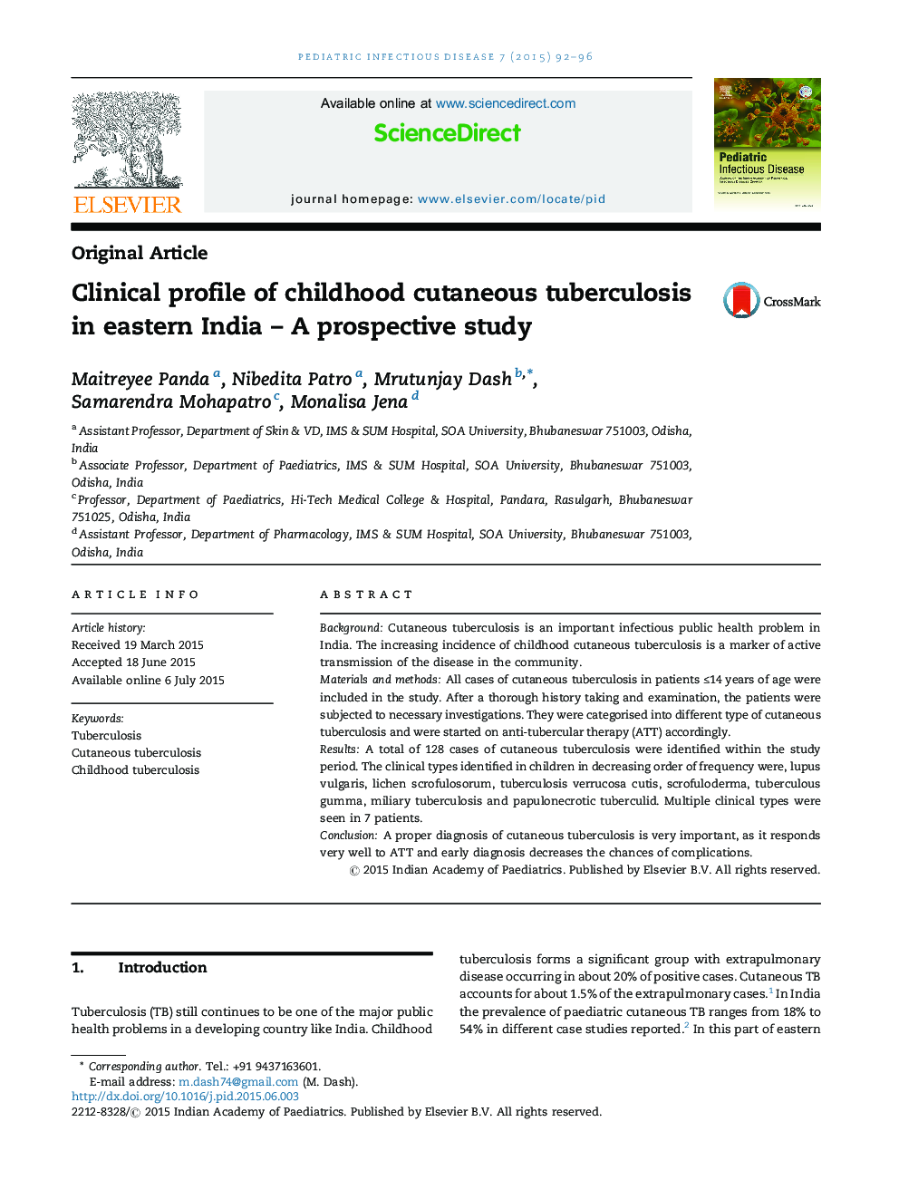 Clinical profile of childhood cutaneous tuberculosis in eastern India – A prospective study