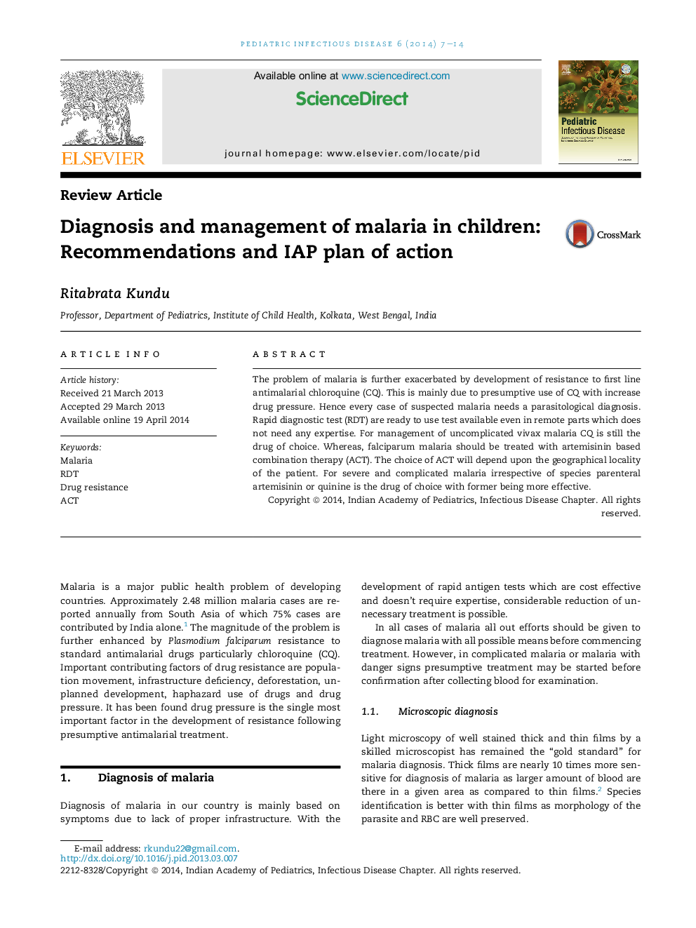 Diagnosis and management of malaria in children: Recommendations and IAP plan of action