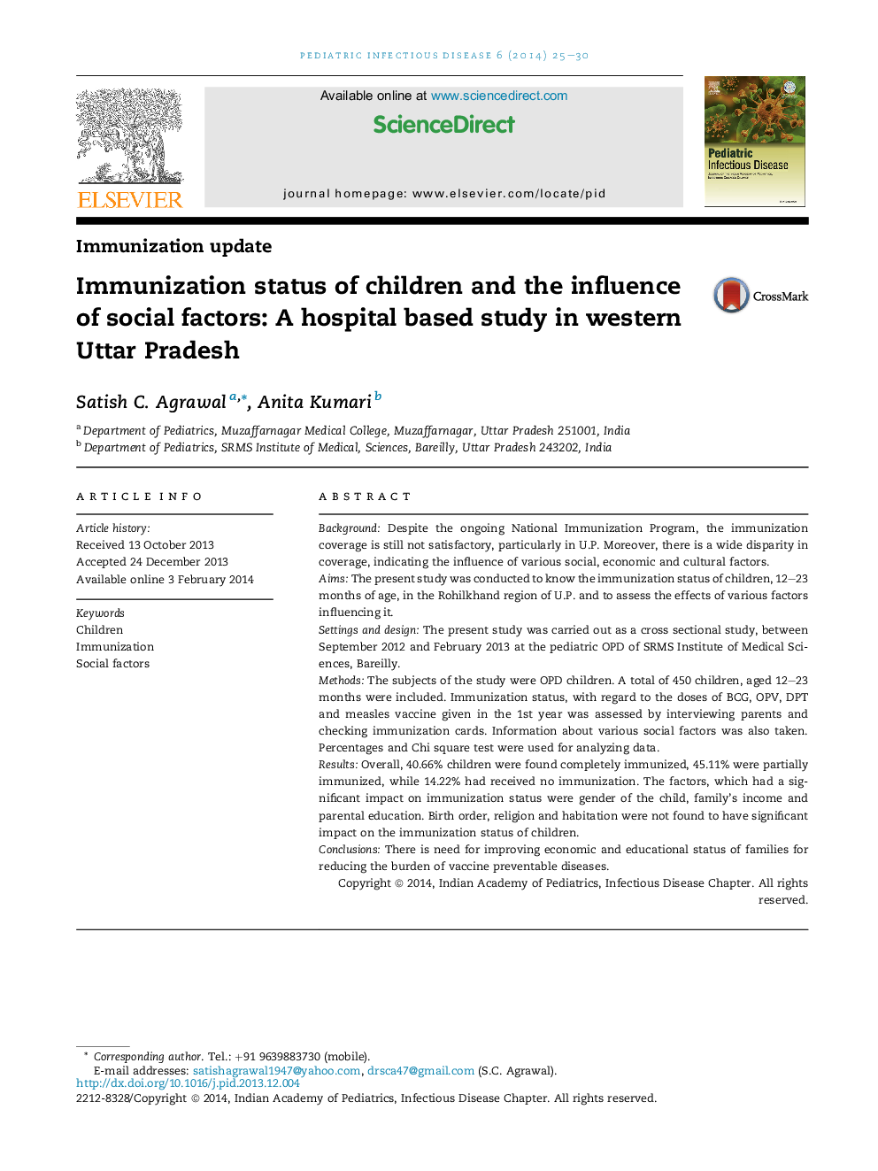 Immunization status of children and the influence of social factors: A hospital based study in western Uttar Pradesh