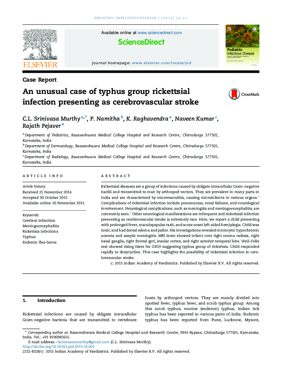 An unusual case of typhus group rickettsial infection presenting as cerebrovascular stroke