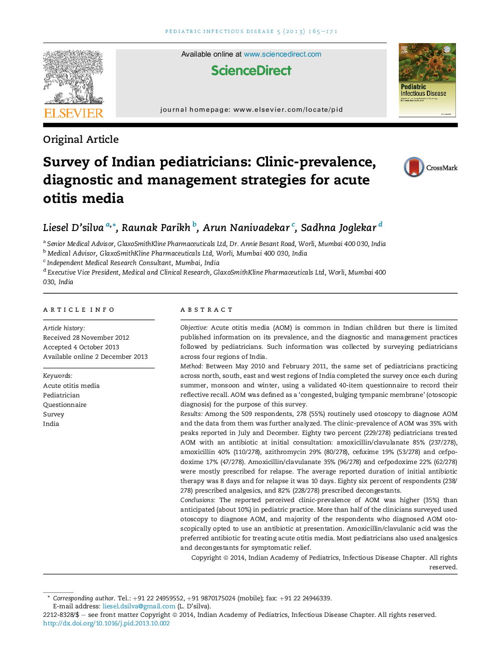 Survey of Indian pediatricians: Clinic-prevalence, diagnostic and management strategies for acute otitis media