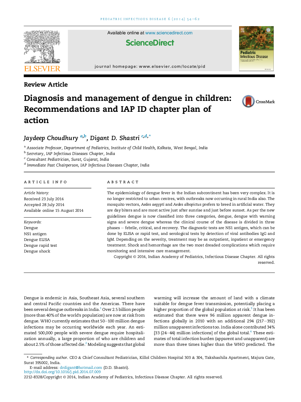 Diagnosis and management of dengue in children: Recommendations and IAP ID chapter plan of action