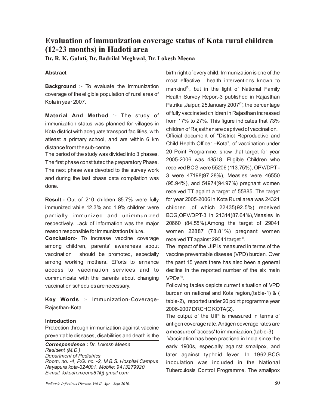 Evaluation of immunization coverage status of Kota rural children (12–23 months) in Hadoti area