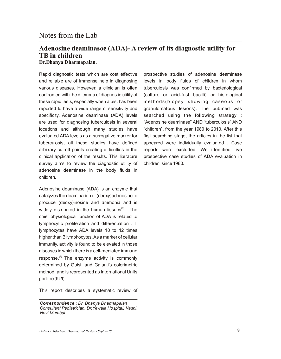 Adenosine deaminasoe (ADA)- A review of its diagnostic utility for TB in children