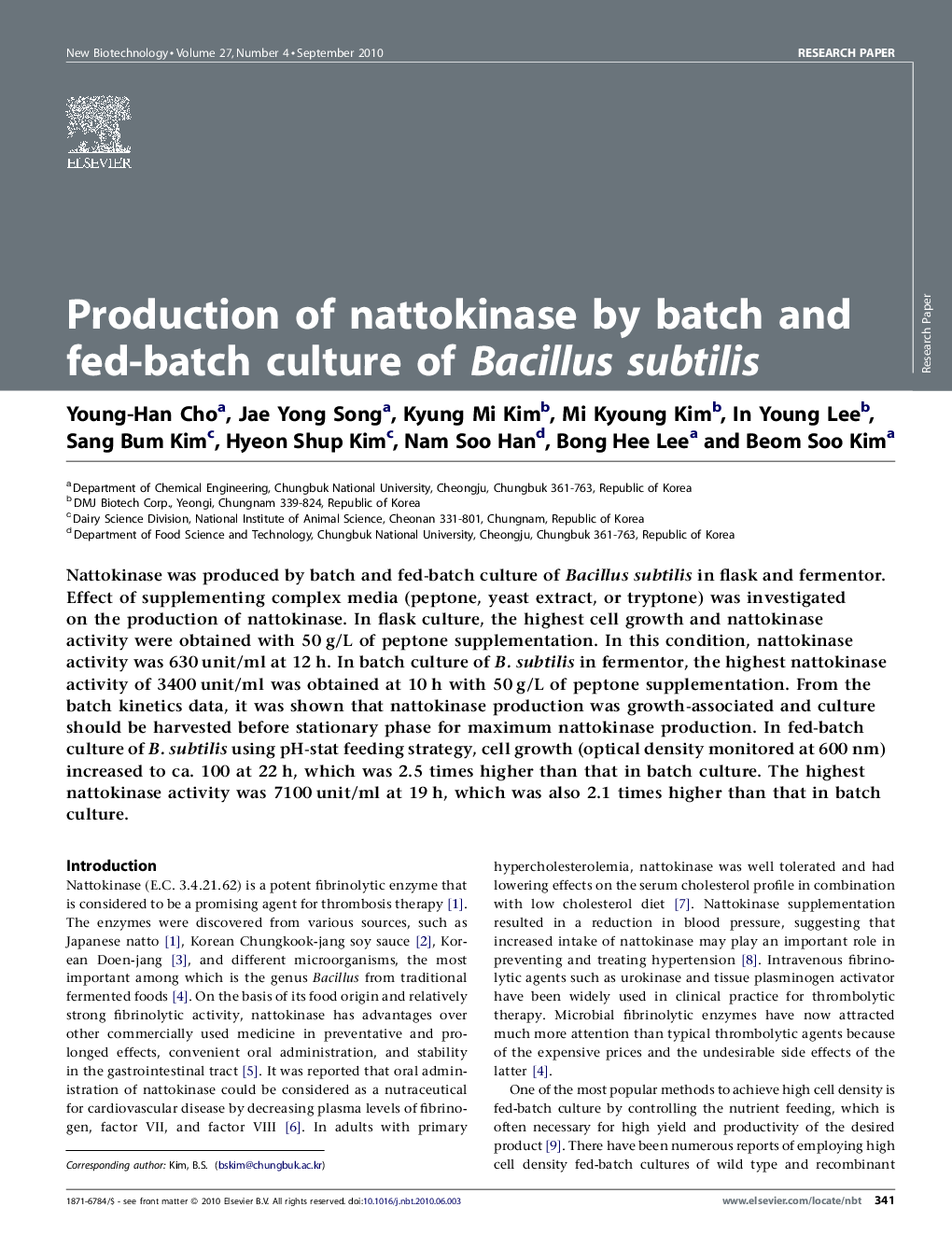 عکس صفحه اول مقاله: Production of nattokinase by batch and fed-batch culture of Bacillus subtilis Production of nattokinase by batch and fed-batch culture of Bacillus subtilis