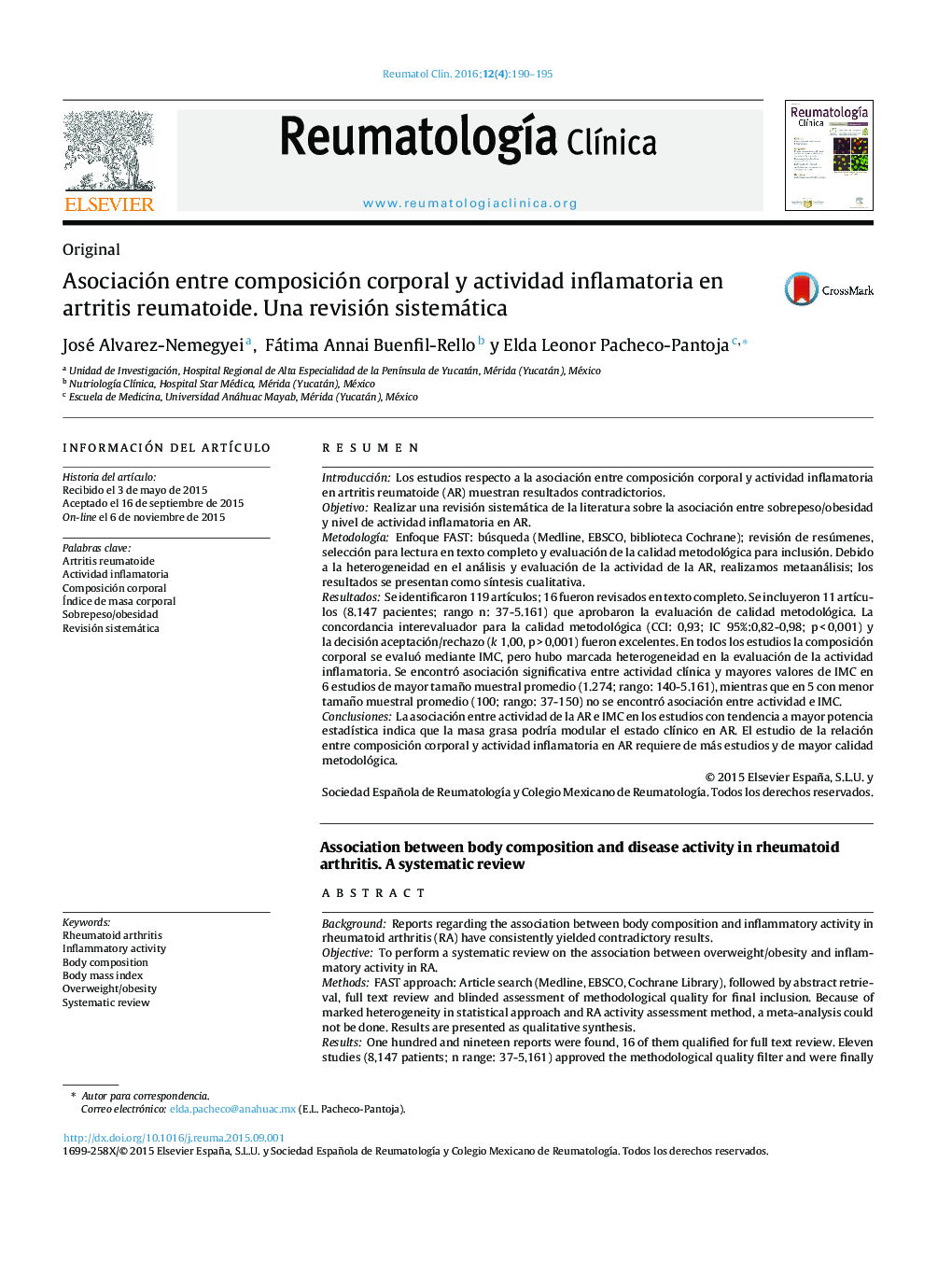 Asociación entre composición corporal y actividad inflamatoria en artritis reumatoide. Una revisión sistemática